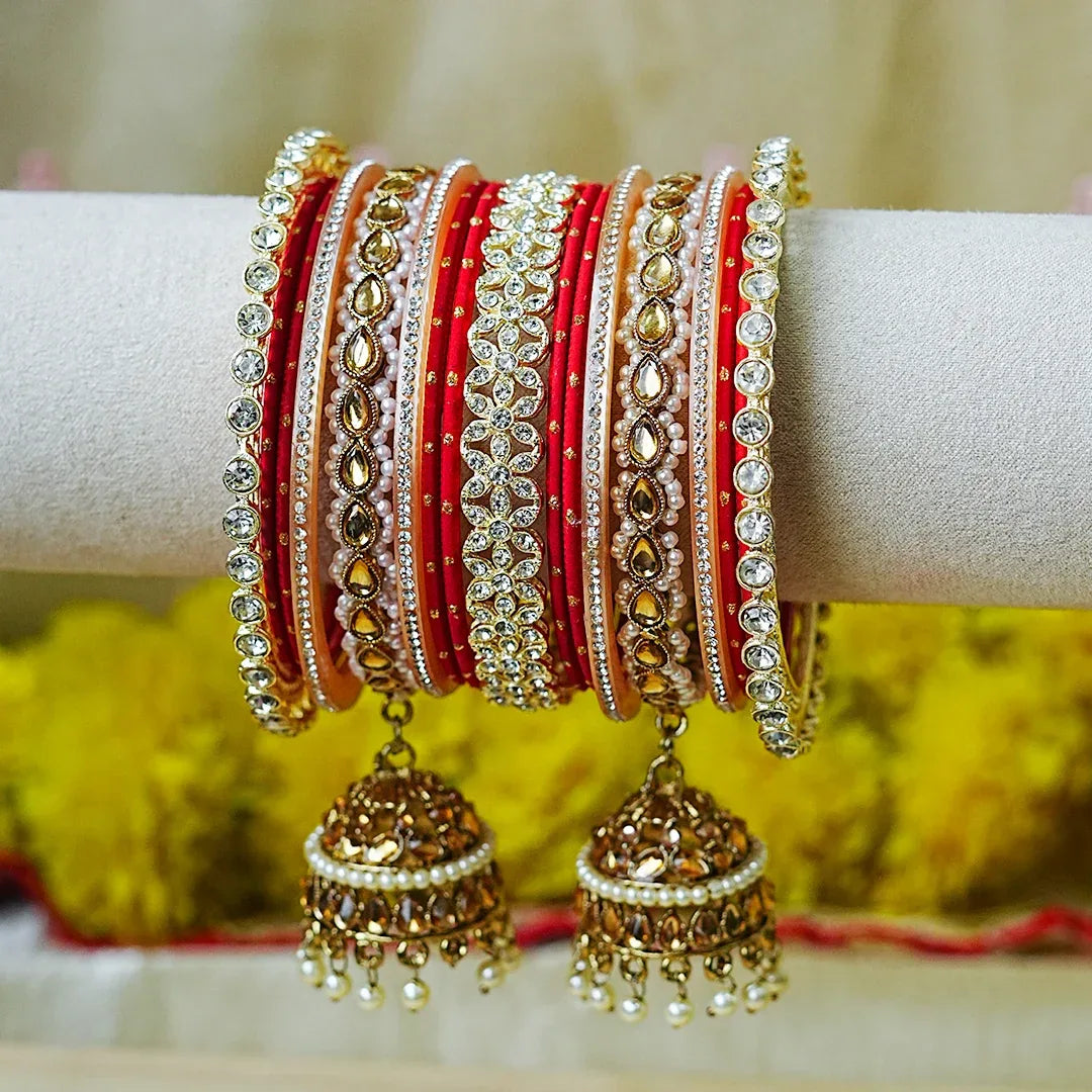 Designer Metal Bangles Set with Jhumki for Women (Both Hands) - The Golden Cascade